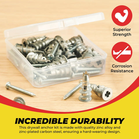 Open box displaying Zinc Self Drilling Drywall Anchors Kit with screws, heavy duty hollow wall anchors with wide screw fins and stainless steel.