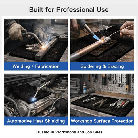 Two Pack 10x10 Inch Fireproof Welding Blanket Set, Carbon Felt Soldering Mat and Pad, ASTM D6413 Certified in use for various tasks.