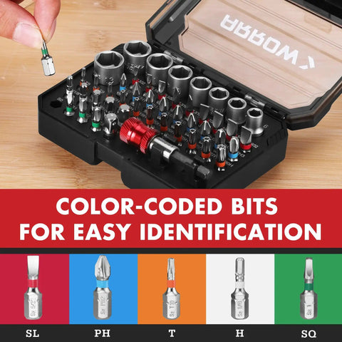 48 Piece Screwdriver Bit And Socket Set With Color Coded S2 Steel Bits Magnetic Bit Holder And 6 To 13 mm CRV Sockets open case