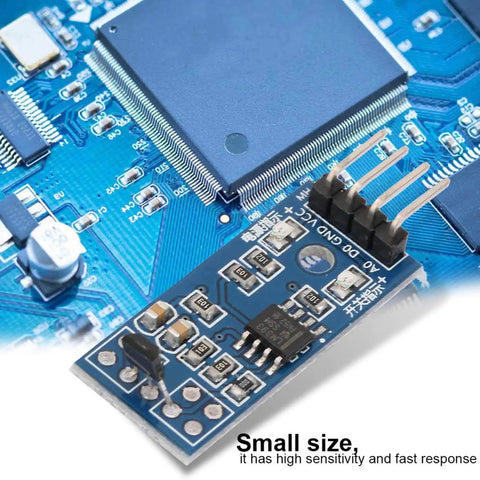 Close-up of Five Pack Hall Effect Sensor Switch Modules, Linear Magnetic Sensor 3.3V on a blue circuit board, featuring digital and analog output.