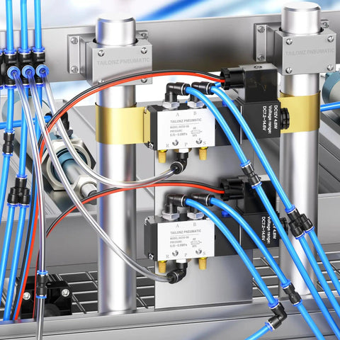 Push To Connect Pneumatic Fittings Kit 12mm OD 20 Piece Set with various fittings installed on metal framework