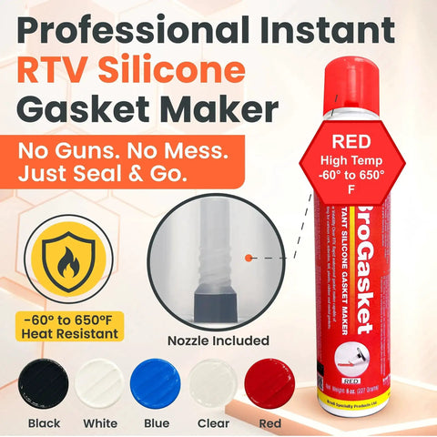 Industrial RTV Silicone Gasket Maker Sealant With Auto Dispensing Nozzle, shown in red bottle, highlighting temperature resistance up to 650°F