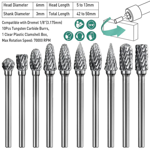 Versatile Carbide Burr Set With One Eighth Inch Shank For Rotary Tools Dremel Compatible Ten Piece Tungsten Carbide Grinding Bits