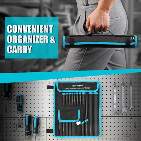 Person holding rolling pouch with 18 Piece Punch And Chisel Set For Woodworking And Metalworking Pro Grade Tools For DIYers