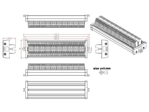 Technical drawing of Beefy Heavy Duty Screw Mount Terminal Block Distribution Module, 30 Position, 5.0mm Pitch, with dimensions