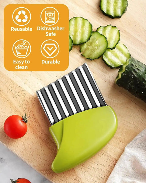Crinkle Cutter For Potatoes And Veggies Stainless Steel 430 Anti Rust Wavy Knife Potato Chip Chopper on cutting board with cucumber slices