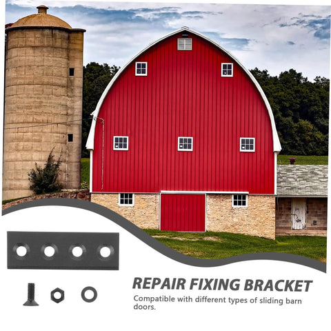 Image of a red barn with a metal barn door track repair fixing bracket for DIY renovation projects