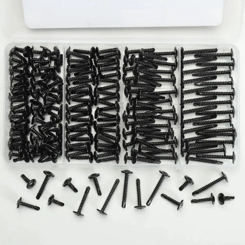 Black Self Tapping Screws Assortment Kit 190 Pieces Stainless Steel 410 Self Drilling Screws in a plastic box organizer