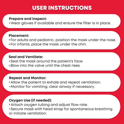 User instructions for Adult And Infant CPR Mask Kit With One Way Valves, Gloves, And Alcohol Prep Pads For Rescue in red design.