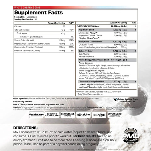 Nutrition facts and supplement information for Ultra Insanity Premium Pre Workout Powder For Explosive Muscle Pump.