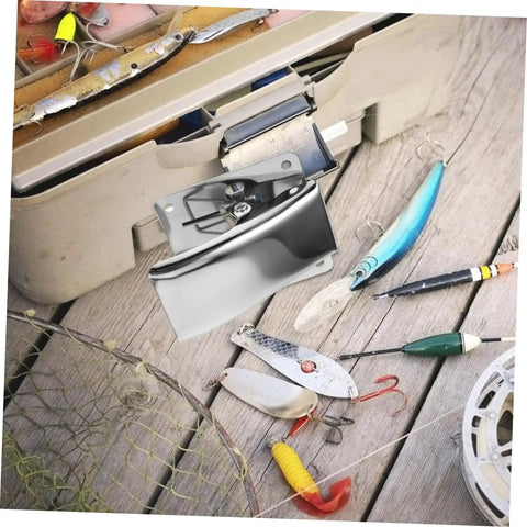 Stainless Steel Fish Cleaning Clamp Five Pack Multi Use Tail Stabilizer Tool on wooden dock with fishing supplies and tackle box.