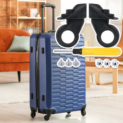 Luggage Spinner Wheels Set for Suitcases Left and Right 360 Degree Swivel Plastic Caster Wheels Replacement with blue suitcase and tools