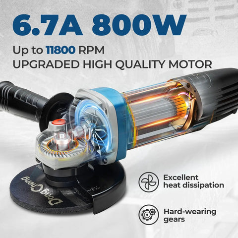 High Power Four And A Half Inch Angle Grinder With 6.7 Amp Copper Motor And 11,800 RPM Paddle Switch For Instant Stop visible internals