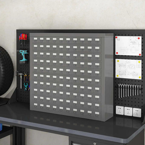 Front view of 100 Drawer Metal Storage Cabinet for Nuts Bolts and Tools, Heavy Duty Gray Parts Organizer with Drawer Bins and Shelves.