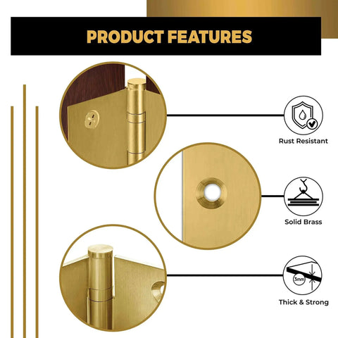 Product features of Heavy Duty Ball Bearing Door Hinges 4x4 Inch Solid Brass Matte Satin Brass With Decorative Screw On Tips Included
