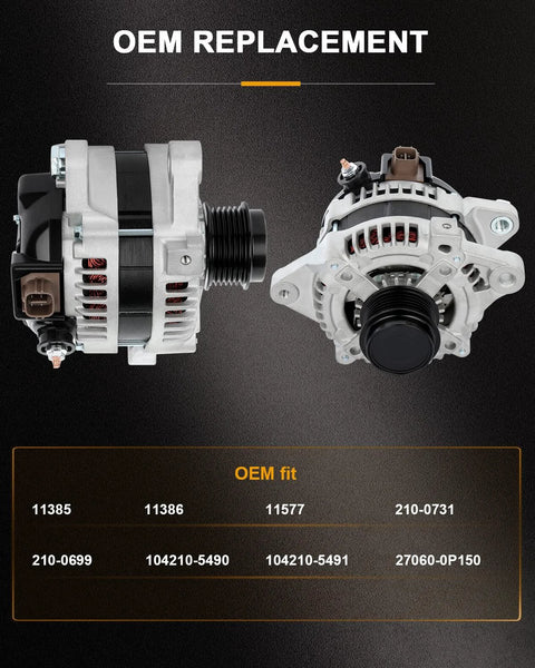 Front and side view of 100 Amp High Output Alternator Replacement For Toyota Corolla 2009-2013 And Matrix 2009-2010 1.8L Pontiac Vibe.