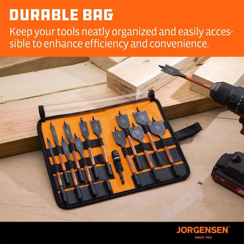 Effortless Wood Drilling 14-Piece Spade Bit Set displayed in a storage pouch on a wooden table, showing carbon steel paddle bits.