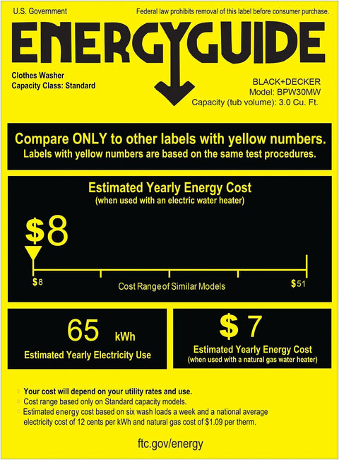 Energy guide label for 3.0 cu ft clothes washer model BPW30MW shows estimated yearly electricity cost and efficiency.