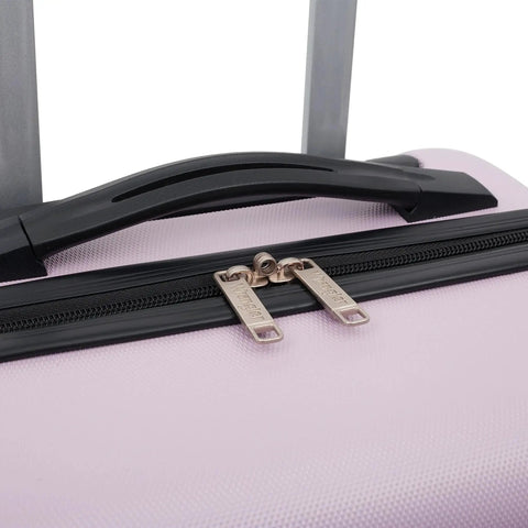 Top handle and zipper detail of Lilac 22 Inch Hardside Spinner Carry On Luggage With 360 Degree Wheel System for Smooth Travel Durable ABS Shell