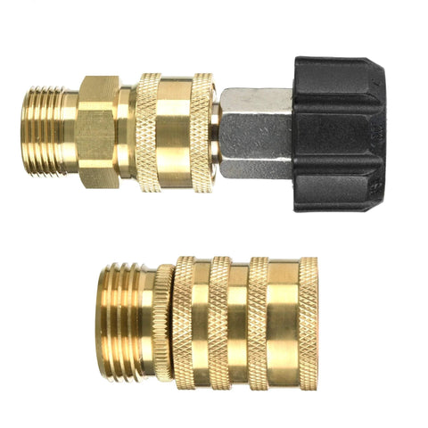 Pressure Washer Quick Connect Adapter Set 9 Pack M22 To Three Eighths Inch And Three Quarters Inch Quick Disconnect Male Hose Adapters For Easy High Power Cleaning And Universal Fit, brass fittings shown side by side.