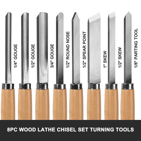 Premium 8 Piece Wood Turning Chisel Set For Lathe Turning With 2 Skew Chisels 1 Spear Point 1 Parting Tool 1 Round Nose And 3 Gouges For Beginners Hobbyists And Pros Portable High Quality Lathe Tools HT0237 WW