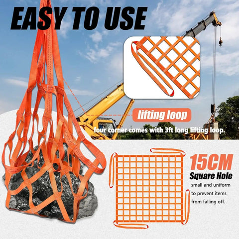 Heavy Duty Nylon Lifting Net For Hoist 4500 Lbs Load Capacity 6.56 Ft Square shown lifting large rock with crane.