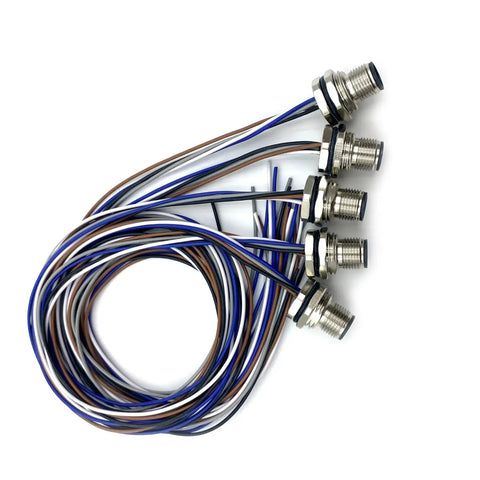 M12 5 Pin A Coded Front Mount Male Connector Cable IP67 waterproof set with multicolored wires, 0.5 meter, side view