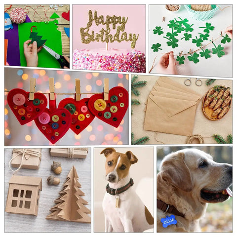 Collage of craft projects: paper cutouts, birthday decor, felt hearts, envelopes, cardboard art, and two dogs with collars.