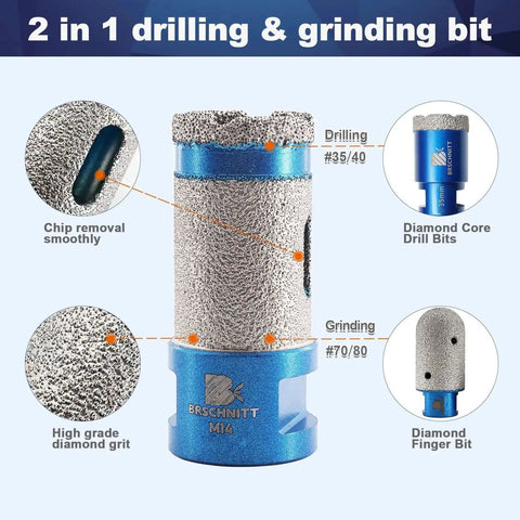 Two In One Diamond Core Drill Bit For One And Three Eighths Inch Holes, Finger Milling Bit For Drilling Enlarging Shaping Round Bevel Holes In Porcelain Ceramic Granite Marble Five Eighths Eleven Thread By BRSCHNITT, showcasing close-up texture and design.