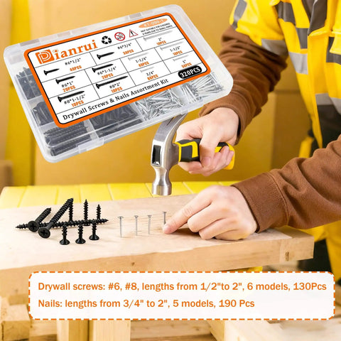 Nails And Wood Screws Kit With 320 Pieces Size Six And Size Eight Philips Drywall Screws Black Finish For Picture Hanging And Diy Repairs High Hardness Hardware Small Nails For Home Improvement Projects One Half To Two Inches with storage case
