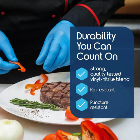 Chef wearing Nitrile Vinyl Blend Disposable Gloves Latex Free Multipurpose Blue 1000 Large preparing food