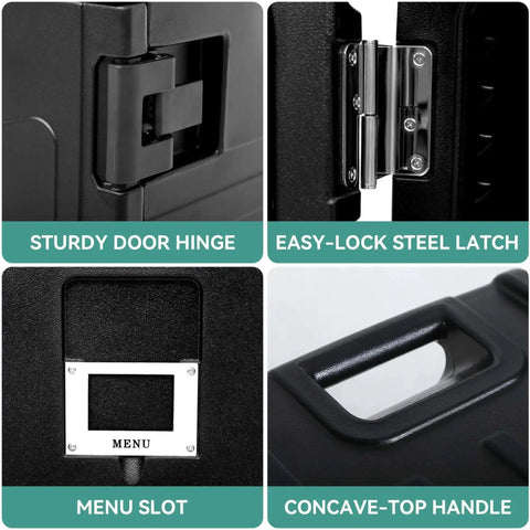 Details of Insulated Food Pan Carrier 127 Quart LLDPE Hot Box for Catering, featuring door hinge, steel latch, menu slot, and handle
