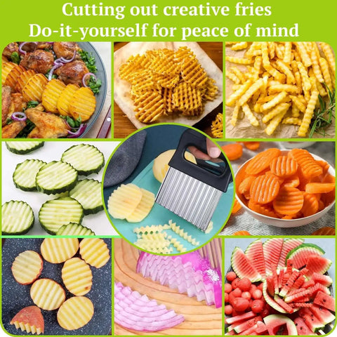 Collage showing 2 In 1 Crinkle Cutter And Peeler For Potatoes And Veggies, with various wavy cut foods like fries, carrots, and fruits.
