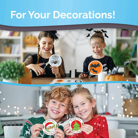 Children creating decorations with Premium Printable Vinyl Sticker Paper For Inkjet And Laser Printers With 32 Glossy White Sheets.