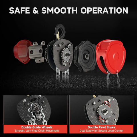 Exploded view of 1 Ton Hand Chain Hoist With 20 Ft Lift G80 Chain And Double Guide Wheels showing internal components and guide wheels.