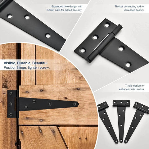Collage of Six Pack 3 Inch Black T Strap Shed Door Hinges For Wood Barn Doors Gates Fences Storage Sheds, showing design and installation.