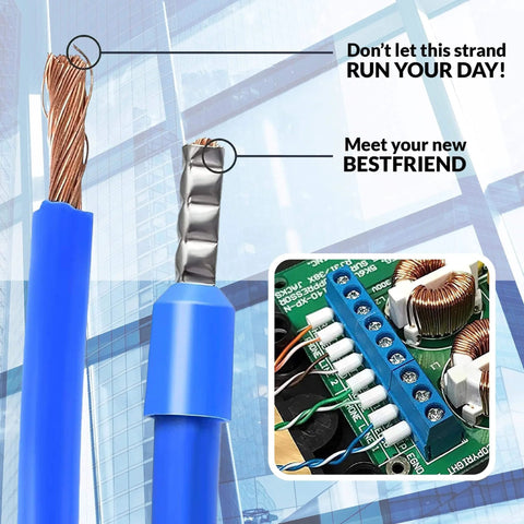 Close-up of blue electrical wire with ferrules, and wiring connected to a circuit board, illustrating usage in projects.