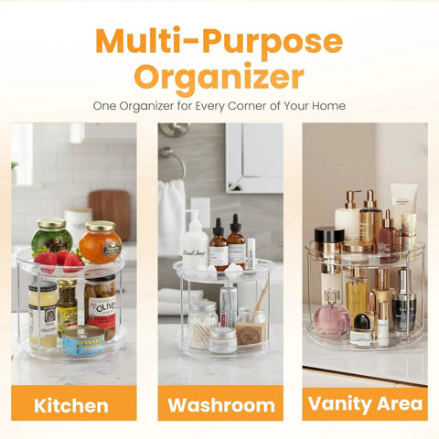 Three Two Tier Clear Lazy Susan Organizer With Smooth Silent Spin Turntable For Spices And Pantry Storage Your Go To Spice Rack On Kitchen Cabinets Countertops Bathrooms And Dining Tables From Oizeir shown in kitchen, washroom, and vanity area usage.