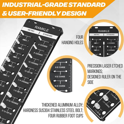 Thread Checker For Nuts And Bolts 14 Standard And 14 Metric Sizes Thread Pitch Gauge Aluminum wall mount with laser etched markings.
