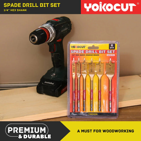 Spade Drill Bit Set 6 Piece Paddle Bits Three Eighths To One Inch With One Quarter Hex Shank For Woodworking packaging.