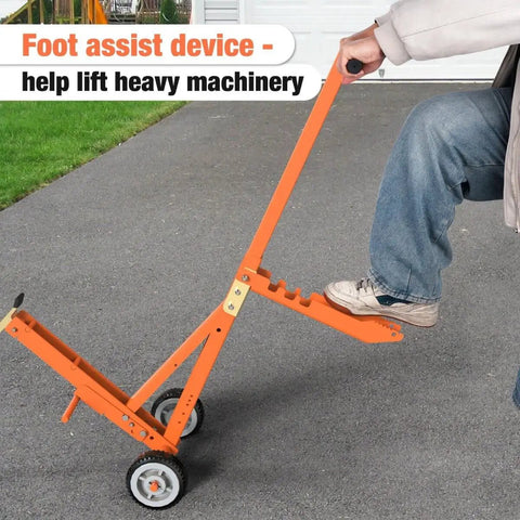 800 Lb Lawn Mower Lift With Mechanical Lift And Safety Arm, stable jack in use with foot assist on pavement, durable orange