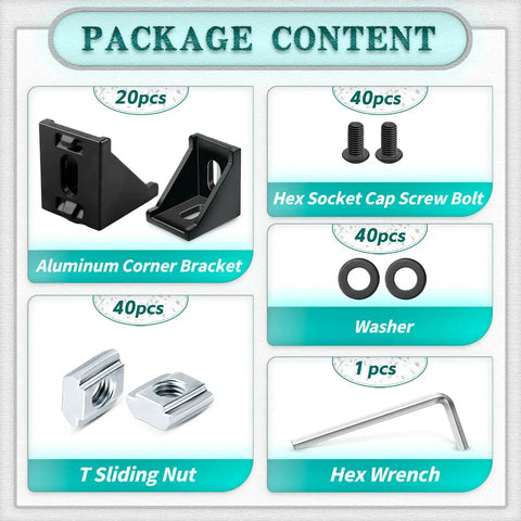 Package content of 20 Piece 4040 Aluminum Extrusion Profile Heavy Duty Connector Kit with brackets, T-slot nuts, bolts, washers, and wrench.