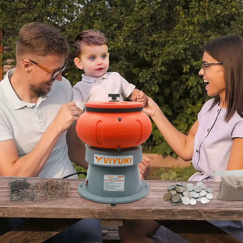 Family using 18 Lbs Vibratory Tumbler Polishing Machine For Metal Parts With Walnut Shell Media Super Easy To Use Rust Removal Smooth Finish Durable 120V 60Hz Bench Top Buffing And Deburring Tool For Small Shops And DIY on table outdoors.