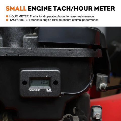 RPM tachometer hour meter installed on small engine from Pack Of 14 Carburetor Adjustment Tools With RPM Tachometer Hour Meter For 2 Cycle Small Engines Pro Grade Tune Up Kit Compatible with Poulan Stihl Echo Ryobi Troy Bilt Trimmers Leaf Blowers Weedeaters Chainsaws