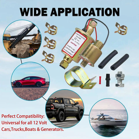 Electric Fuel Pump 5-9 PSI 12V DC 30 GPH For Gasoline And Diesel Carburetor Engines Universal Fit For Car Truck Boat Generator Two Wire Design Model E8012S FD0002 P60430 6414671 with various applications shown.