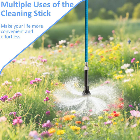 RV cleaning wand with blue braided hose and black spray head delivering high-pressure spray