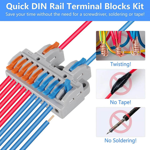 Din Rail Terminal Blocks Kit With 2 In 10 Out Universal Compact Lever Wire Connectors for Electrical Wires, Easy Install