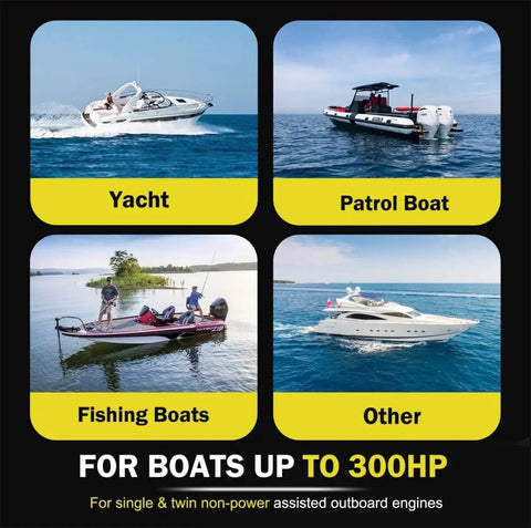 Image of various boats: yacht, patrol, fishing boat, and other, suitable for Beefy Hydraulic Steering Cylinder For Outboard Boats Up To 300HP, 10.3MPa/1500 PSI, Front Mount Aluminum Alloy Body With Two-Way Lock Valve And ORB Fittings, Fits Single Or Twin Engines, text: For Boats Up To 300HP.