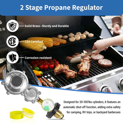 Two Stage Propane Regulator With Gauge And POL Three Eighths Inch Female NPT For Twenty To One Hundred Pound Tanks on gas grill