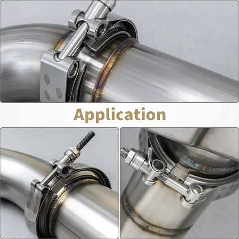Close-up of 3 Inch V Band Clamp Kit Four Pack For Exhaust Systems With 304 Stainless Steel T Bolt Flanges installed on pipes